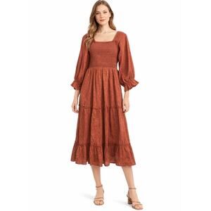Jessakae Smocked Elbow Sleeve Textured Midi Dress in Rust Orange size Small